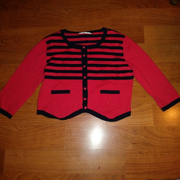 Red with Navy Blue Striped Cardigan - Picture 2 of 4